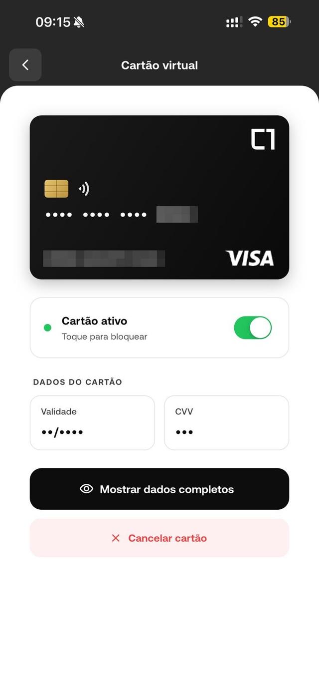 Cartão virtual na hora